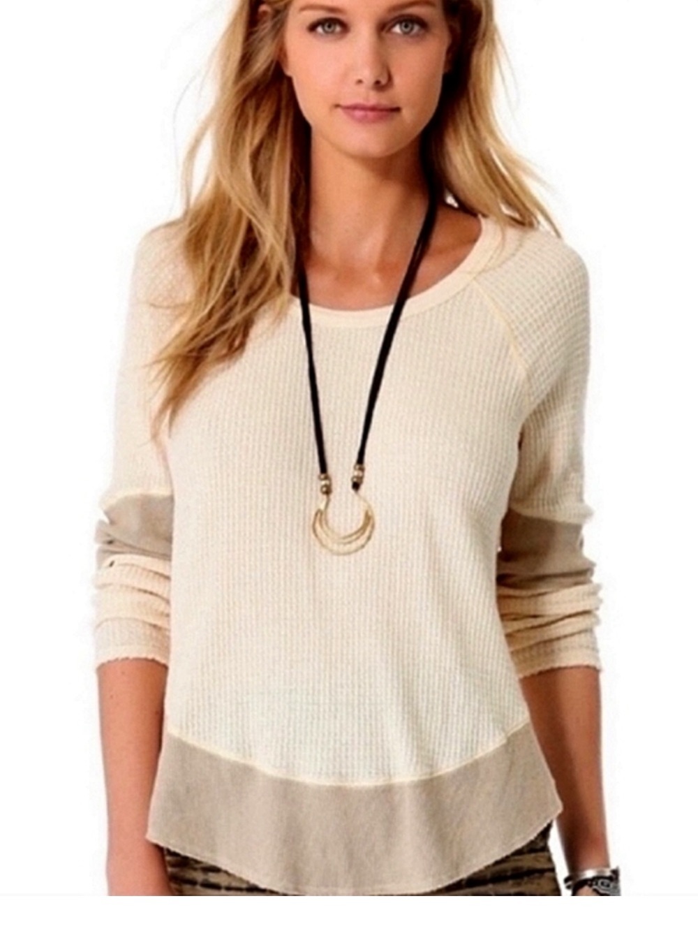 Free People "Diamond Dozen" Waffle Knit Thermal Colorblock Top